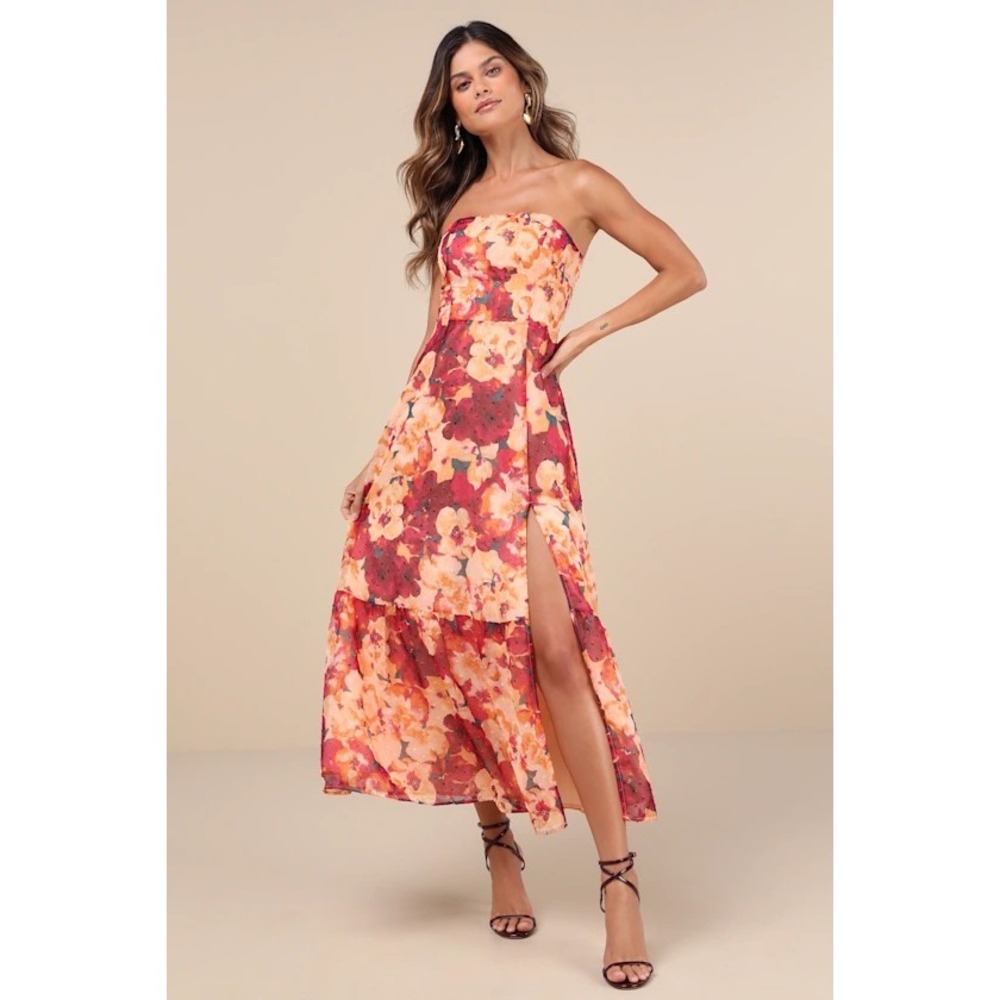 Lulus Bright Perspective Plum and Orange Floral Strapless Midi Dress Size Small